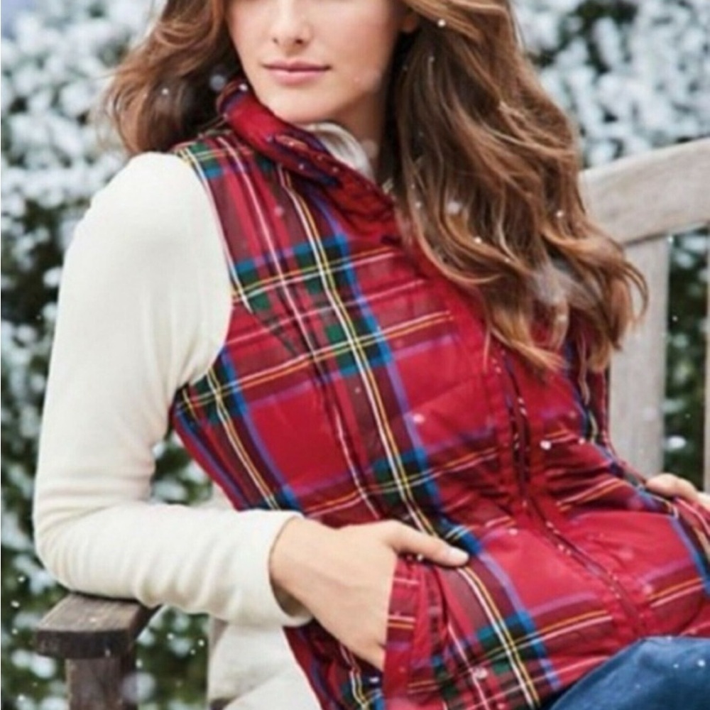 Lands’ End Red Tartan Plaid Down Puffer Vest XL 18 Zip Quilted